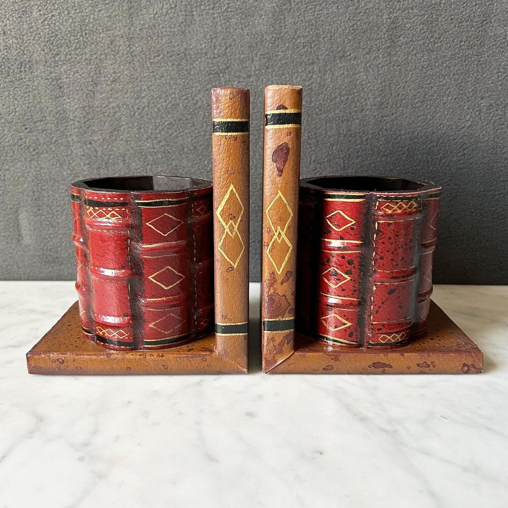 Bookends Mid Century Modern Faux Leather with Pen Cup MCM Retro Office Decor